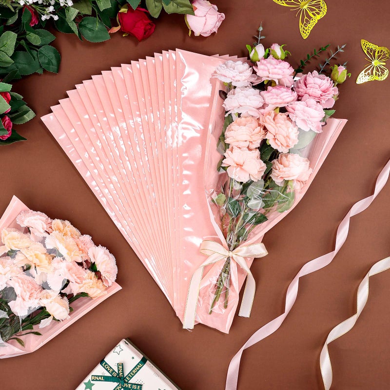 tchrules 50PCS Flower Bouquet Wrapping Paper with Ribbon, Pink Kraft Flower Sleeves for Bouquets, Floral Packing Bags Bulk for Valentine's Day Mother's Day Graduation Wedding, 17.7x11x3.5 inch - Image 3
