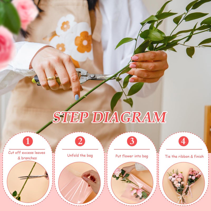 tchrules 50PCS Flower Bouquet Wrapping Paper with Ribbon, Pink Kraft Flower Sleeves for Bouquets, Floral Packing Bags Bulk for Valentine's Day Mother's Day Graduation Wedding, 17.7x11x3.5 inch - Image 4
