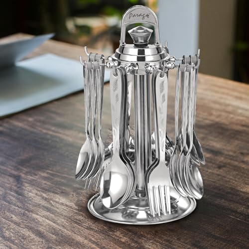 Parage 24 Pieces Lily Cutlery Set Stainless Steel with Stand (Contains 6 Dinner Spoons, 6 Tea Spoon, 6 Dinner Fork, 6 Soup Spoons, 1 Stand) Spoon Set for Dining Table Stylish, Mirror Polished - Image 2