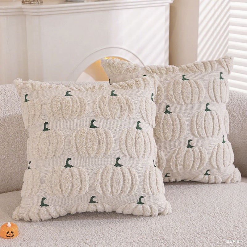 Beige Halloween Cushion Cover Set, Double-Sided Quilted Pumpkin Pillow Case for Sofa