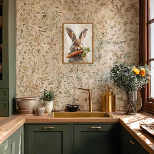 Hwetui Framed Vintage Rabbit Canvas Wall Art, Cute Easter Bunny with Carrot Pictures Wall Decor, Spring Farmhouse Animal Paintings Prints Cottagecore Home Decor for Living Room Kitchen Nursery 16x24 inch - Image 3