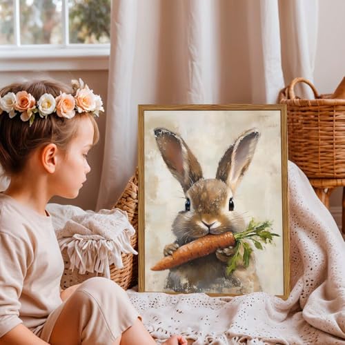Hwetui Framed Vintage Rabbit Canvas Wall Art, Cute Easter Bunny with Carrot Pictures Wall Decor, Spring Farmhouse Animal Paintings Prints Cottagecore Home Decor for Living Room Kitchen Nursery 16x24 inch - Image 5