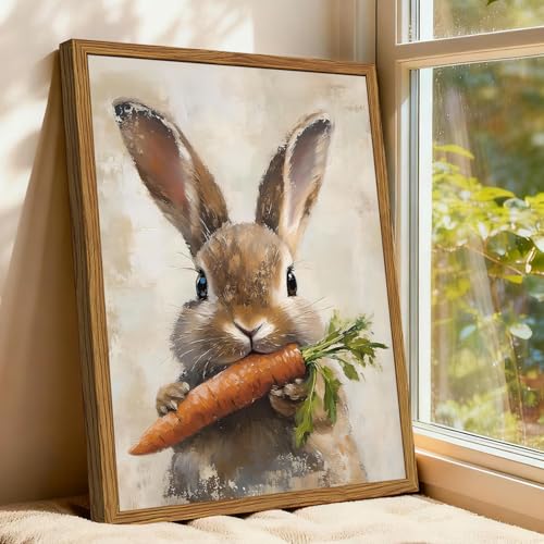 Hwetui Framed Vintage Rabbit Canvas Wall Art, Cute Easter Bunny with Carrot Pictures Wall Decor, Spring Farmhouse Animal Paintings Prints Cottagecore Home Decor for Living Room Kitchen Nursery 16x24 inch - Image 4