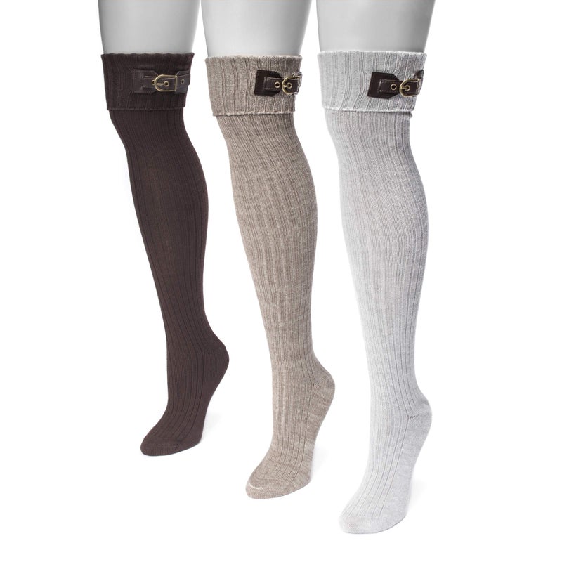 MUK LUKS Womens 3 Pair Buckle Cuff Over the Knee Socks Neutral
