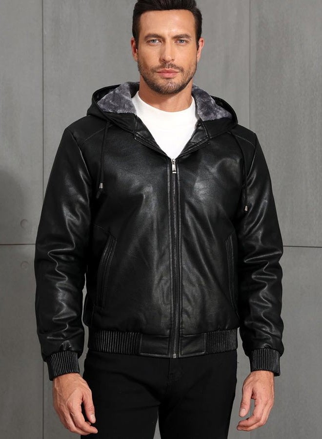 MANSDOUR Men's Faux Leather Jacket Warm Black Motorcycle Jacket Fleece Lined Leather Bomber Jacket with Hood Casual Stylish Coat Men Biker PU Leather Jacket - Image 2