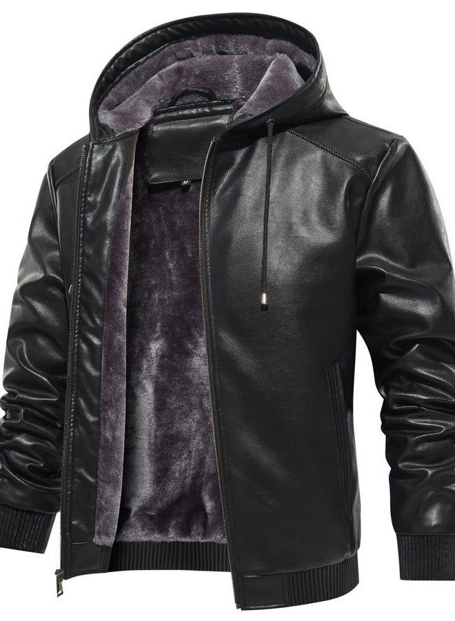 MANSDOUR Men's Faux Leather Jacket Warm Black Motorcycle Jacket Fleece Lined Leather Bomber Jacket with Hood Casual Stylish Coat Men Biker PU Leather Jacket - Image 1