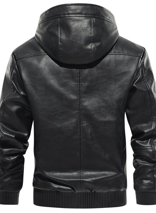 MANSDOUR Men's Faux Leather Jacket Warm Black Motorcycle Jacket Fleece Lined Leather Bomber Jacket with Hood Casual Stylish Coat Men Biker PU Leather Jacket - Image 4