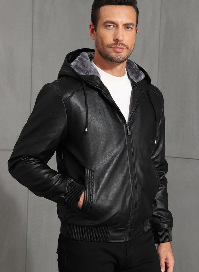MANSDOUR Men's Faux Leather Jacket Warm Black Motorcycle Jacket Fleece Lined Leather Bomber Jacket with Hood Casual Stylish Coat Men Biker PU Leather Jacket - Image 5