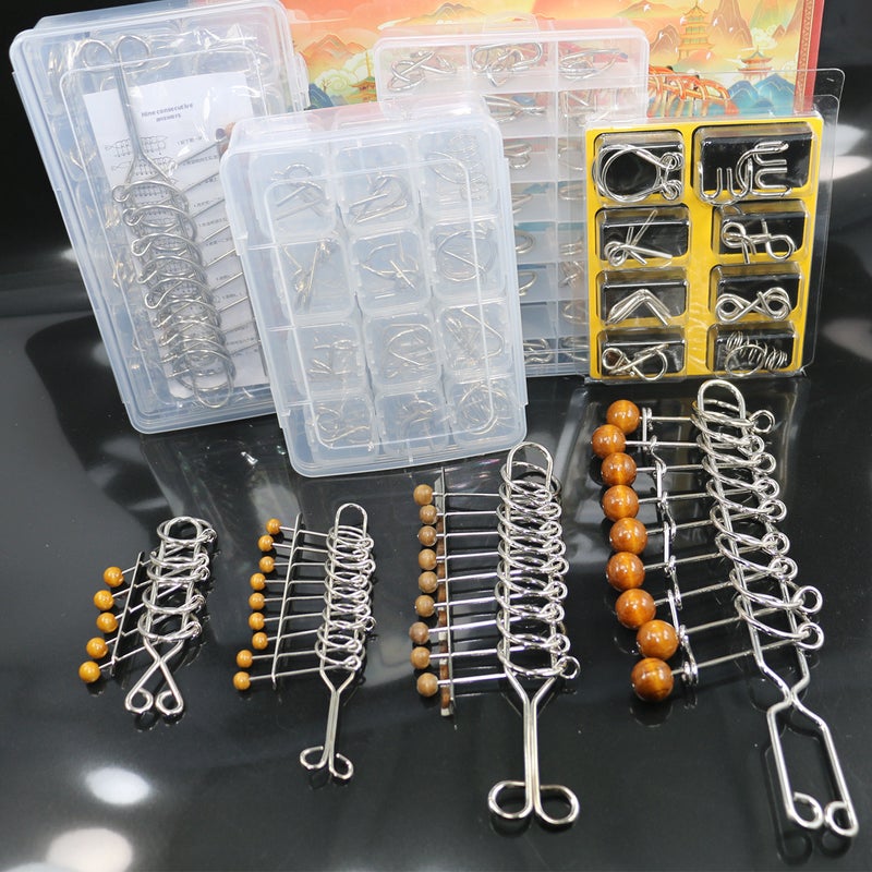 8-Piece Metal Brain Teaser Puzzle Set - Nine Linked Rings IQ Toy - Image 1