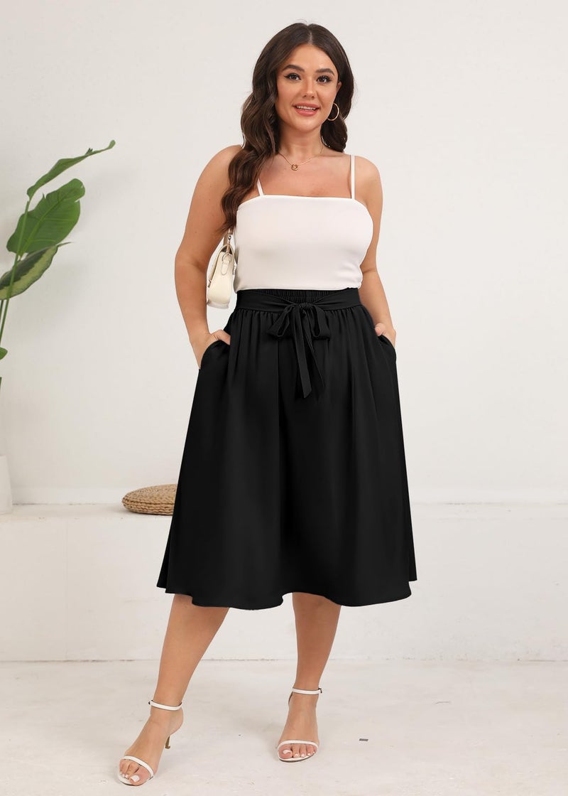 Xpenyo Women's Plus Size Midi Skirts Elastic High Waisted Tie Knot Casual Flowy Beach Boho Skirts with Pockets,Black 3XL - Image 3