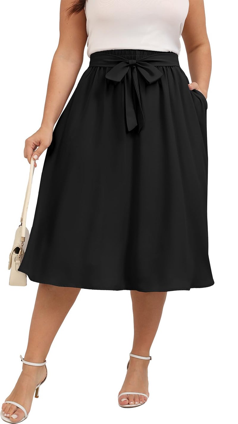 Xpenyo Women's Plus Size Midi Skirts Elastic High Waisted Tie Knot Casual Flowy Beach Boho Skirts with Pockets,Black 3XL - Image 1