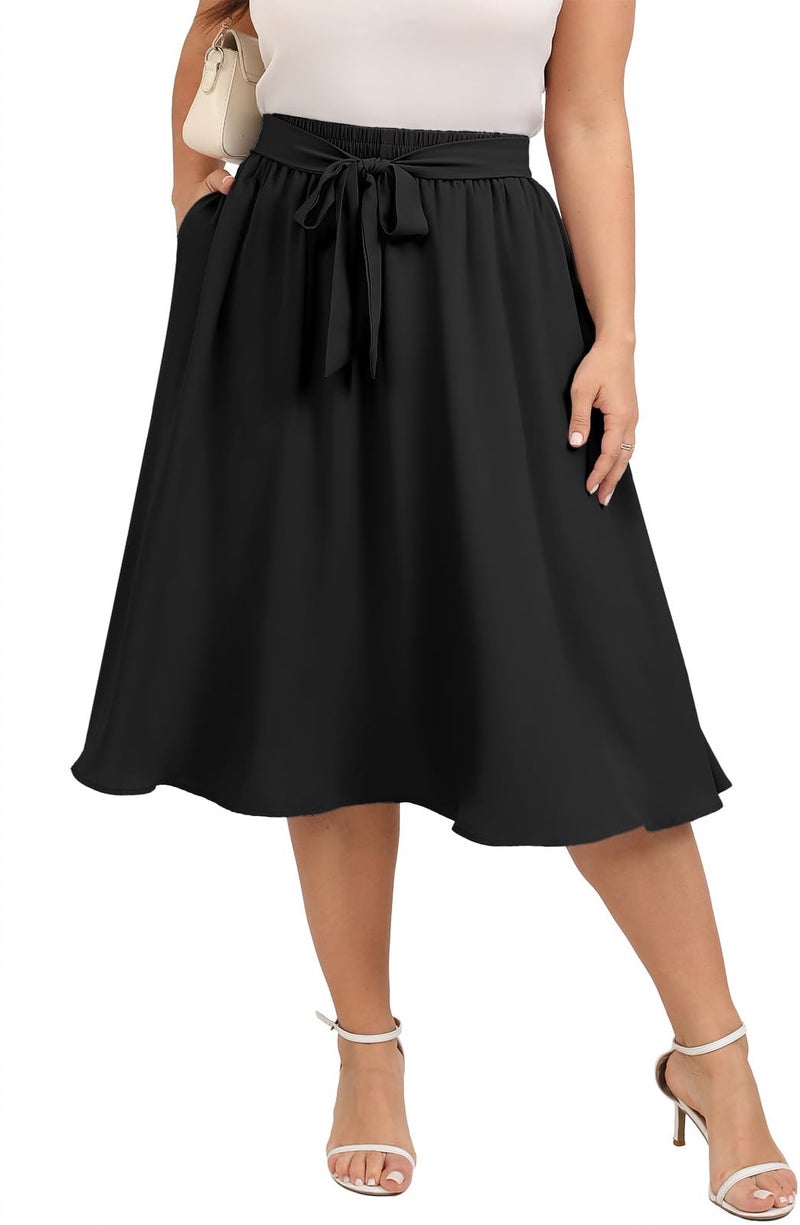 Xpenyo Women's Plus Size Midi Skirts Elastic High Waisted Tie Knot Casual Flowy Beach Boho Skirts with Pockets,Black 3XL - Image 5