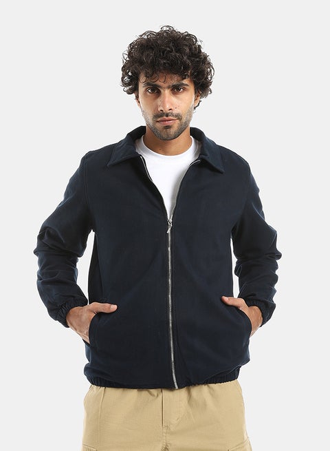 Gabardine Zipper Clossure With Turned Down Collar Jacket - Navy