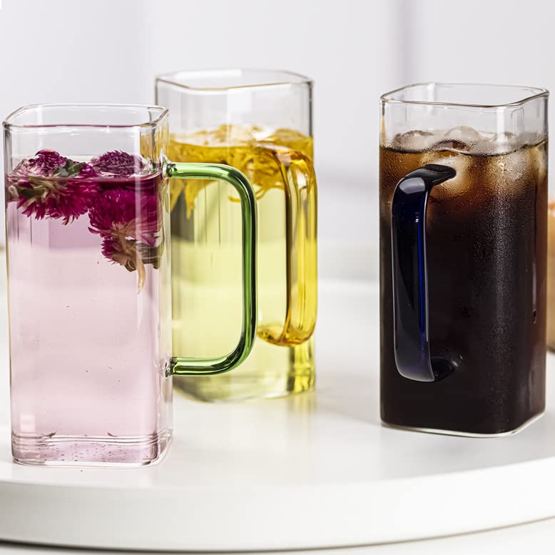 BLISS START 4 Pieces, 380ML Heat Resistant Square Glass Tea Cup Juice Microwave Safe Cold Coffee Color Handle Transparent Mug Drinkware Ice Coffee Mug Transparent - Image 2