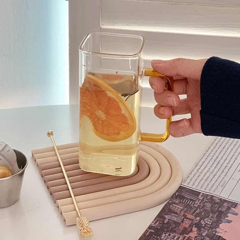 BLISS START 4 Pieces, 380ML Heat Resistant Square Glass Tea Cup Juice Microwave Safe Cold Coffee Color Handle Transparent Mug Drinkware Ice Coffee Mug Transparent - Image 3