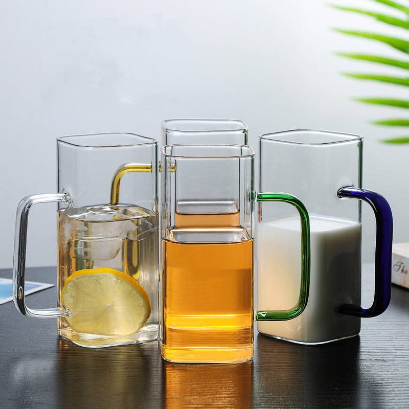 BLISS START 4 Pieces, 380ML Heat Resistant Square Glass Tea Cup Juice Microwave Safe Cold Coffee Color Handle Transparent Mug Drinkware Ice Coffee Mug Transparent - Image 1