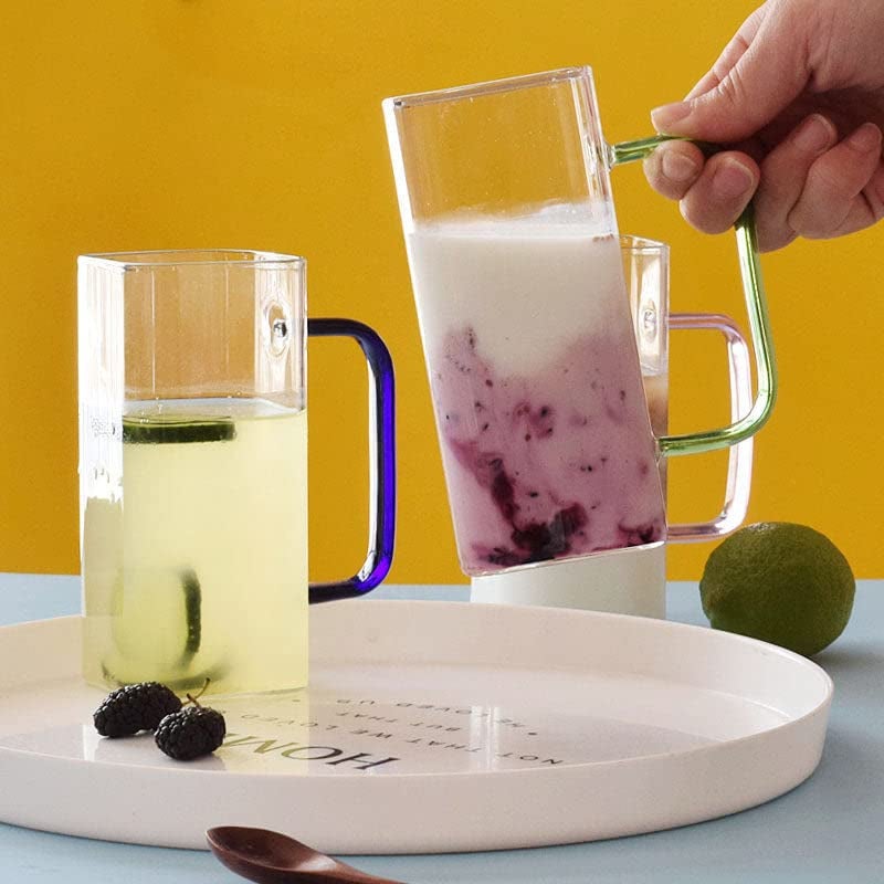 BLISS START 4 Pieces, 380ML Heat Resistant Square Glass Tea Cup Juice Microwave Safe Cold Coffee Color Handle Transparent Mug Drinkware Ice Coffee Mug Transparent - Image 5