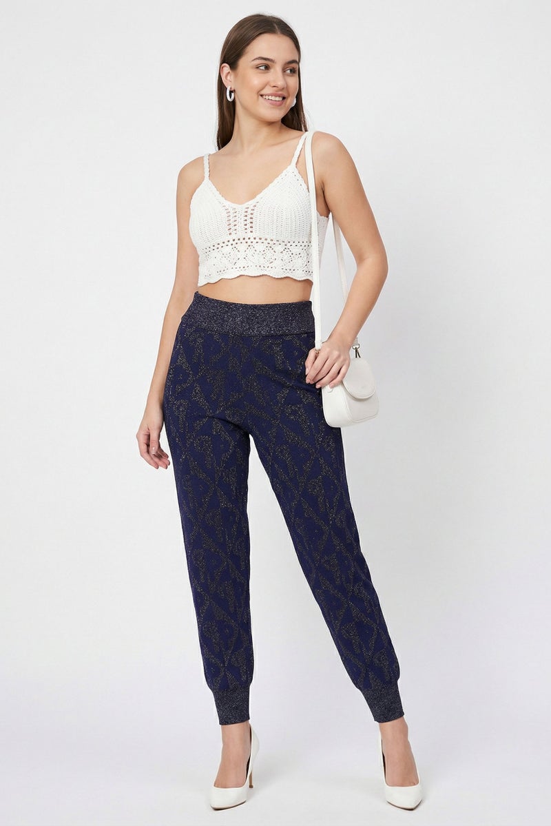 PINKO Women Regular Fit Metallic Pants, Navy - Image 2
