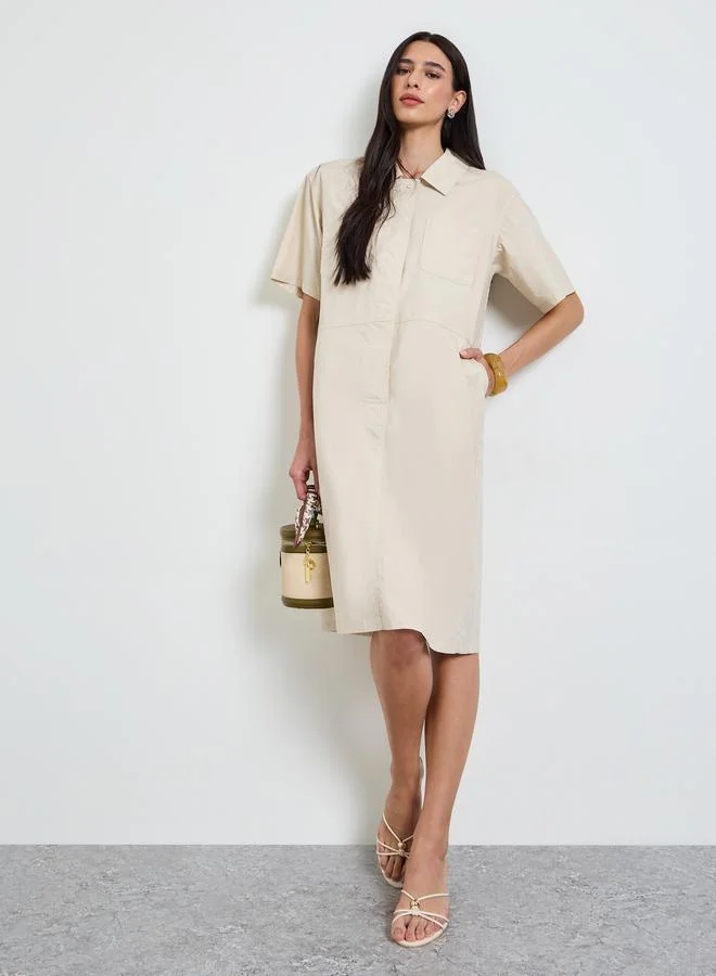 Styli Beige Solid Short Sleeves Shirt Midi Dress