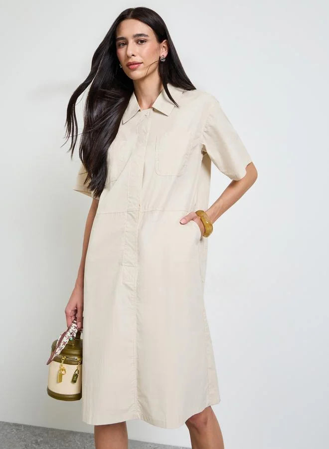 Styli Beige Solid Short Sleeves Shirt Midi Dress