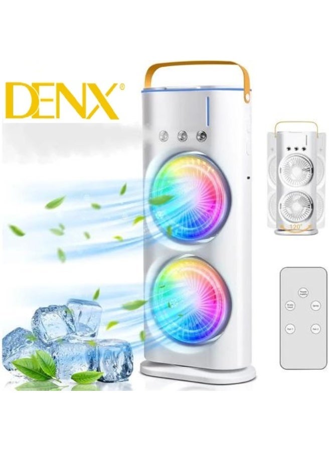Denx Rechargeable Mist Fan and Humidifier, Dual Fan Air Cooler with High Cooling Technology 280ml with LED Lights and Remote Control, White - Image 1