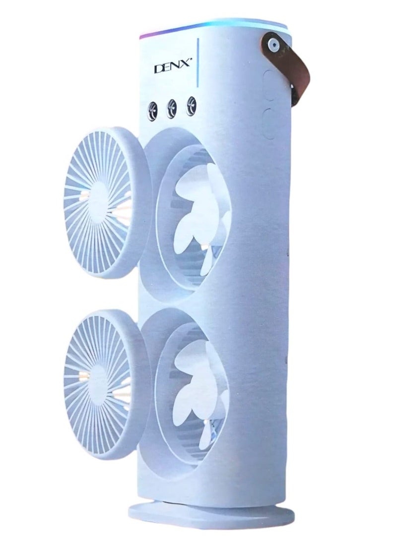 Denx Rechargeable Mist Fan and Humidifier, Dual Fan Air Cooler with High Cooling Technology 280ml with LED Lights and Remote Control, White - Image 3