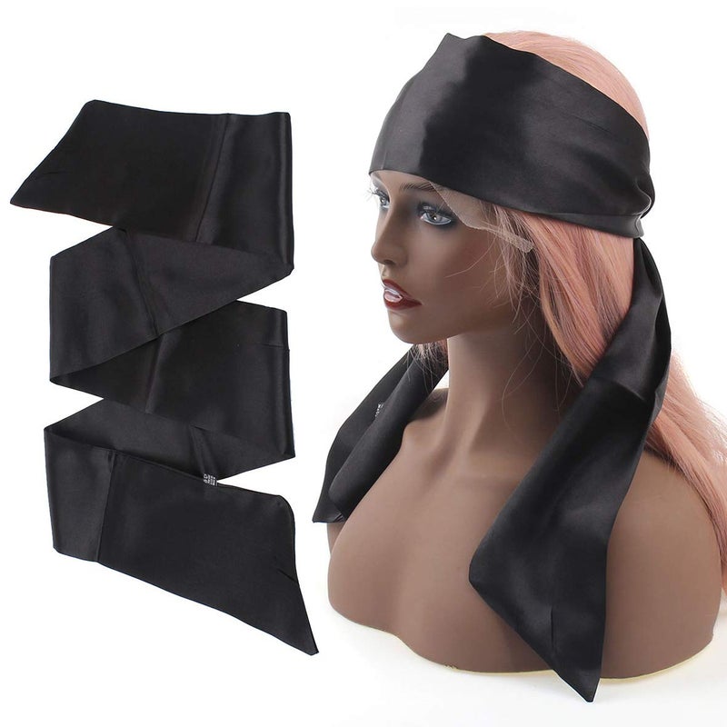Leeven 2 Pcs Silky Edge Scarves 4.5'x54' Large Wig Grip Band Women's Satin Headband For Lace Front Wigs Non Slip Hair Wrap Black Edge Laying Scarf For Makeup, Facial, Sport, Yoga - Image 2