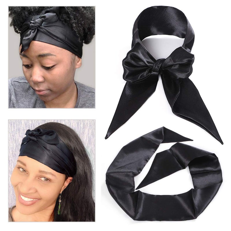 Leeven 2 Pcs Silky Edge Scarves 4.5'x54' Large Wig Grip Band Women's Satin Headband For Lace Front Wigs Non Slip Hair Wrap Black Edge Laying Scarf For Makeup, Facial, Sport, Yoga - Image 1