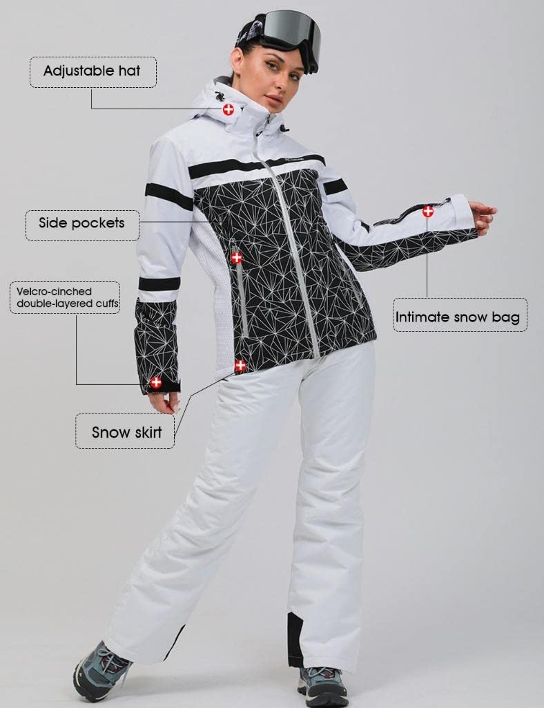 GS SNOWING Women's Ski Jackets and Pants Set Windproof Waterproof Insulated Snowsuit Winter Warm Snowboarding Snow Coat #002Black+White L - Image 2