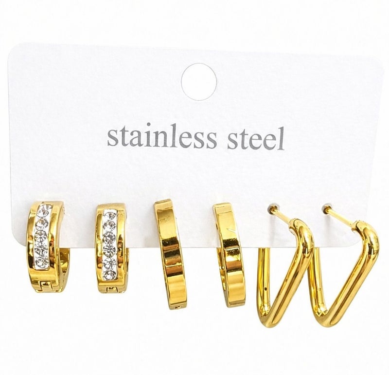 A set of gold earrings in various shapes, made of rust-resistant and hypoallergenic stainless steel, for women - Image 2