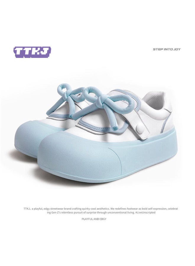 Ttkj Sky Blue Women's Sneakers With Bow, Thick Sole, Height Increasing Platform, Versatile College Style, Velcro Casual White Shoes - Image 2