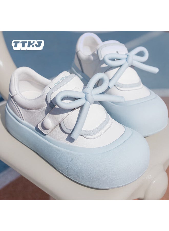 Ttkj Sky Blue Women's Sneakers With Bow, Thick Sole, Height Increasing Platform, Versatile College Style, Velcro Casual White Shoes - Image 1
