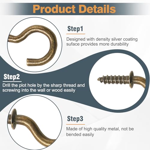 Jamiikury 50pcs 1/2 Inch Cup Hooks - Bronze, Nickel Plated Screw-in Ceiling Hooks - Image 2