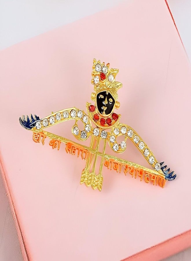Inites Diamond Nug Engraved Metal Barbarika Ji Face Hare Ka Sahara Baba Khatu Shyam Hamara Teen Baan Dhanush Design Lapel Pin Brooch For Wedding & Parties - Image 2