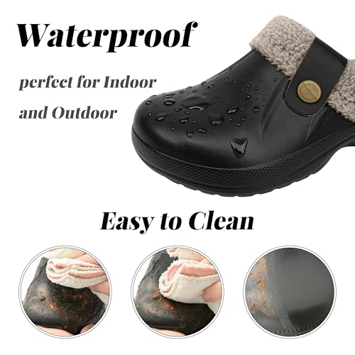 ChayChax Women and Men Fur Lined Clogs Memory Foam Warm Fuzzy Slippers Winter Waterproof Indoor Outdoor Slipper, Black 1, 11-11.5 Women/9.5-10 Men - Image 4