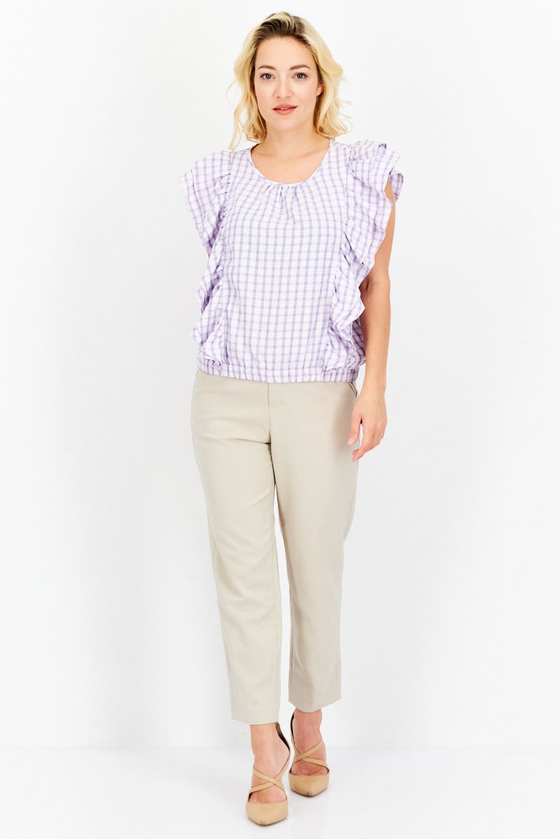 Riley & Rae Women Crew Neck Cap Sleeve Checkered Ruffled Top, Lavender - Image 3