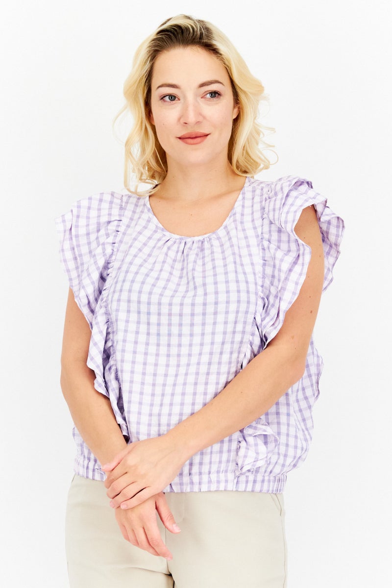 Riley & Rae Women Crew Neck Cap Sleeve Checkered Ruffled Top, Lavender - Image 1