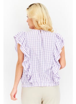 Women Crew Neck Cap Sleeve Checkered Ruffled Top, Lavender - pzsku/ZA5FE61011261EC13FBE3Z/45/_/1739110638/9a6115b3-fe85-4516-b204-99e3ff107774