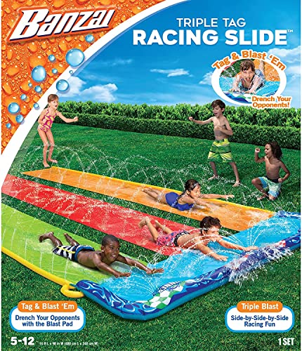 BANZAI 16 Feet Triple Tag Racing Water Slide - Side-by-Side-by-Side Racing Fun! - Image 1