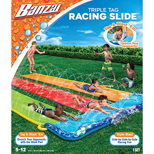 BANZAI 16 Feet Triple Tag Racing Water Slide - Side-by-Side-by-Side Racing Fun! - Image 2