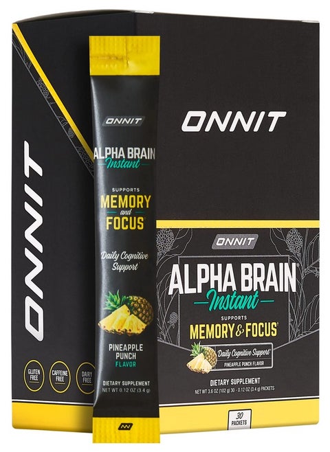 Alpha Brain Instant Pineapple Punch Flavor Nootropic Brain Booster Memory Supplement Brain Support For Focus Energy & Clarity Alpha Gpc Choline Cats Claw Ltheanine Bacopa 30Ct
