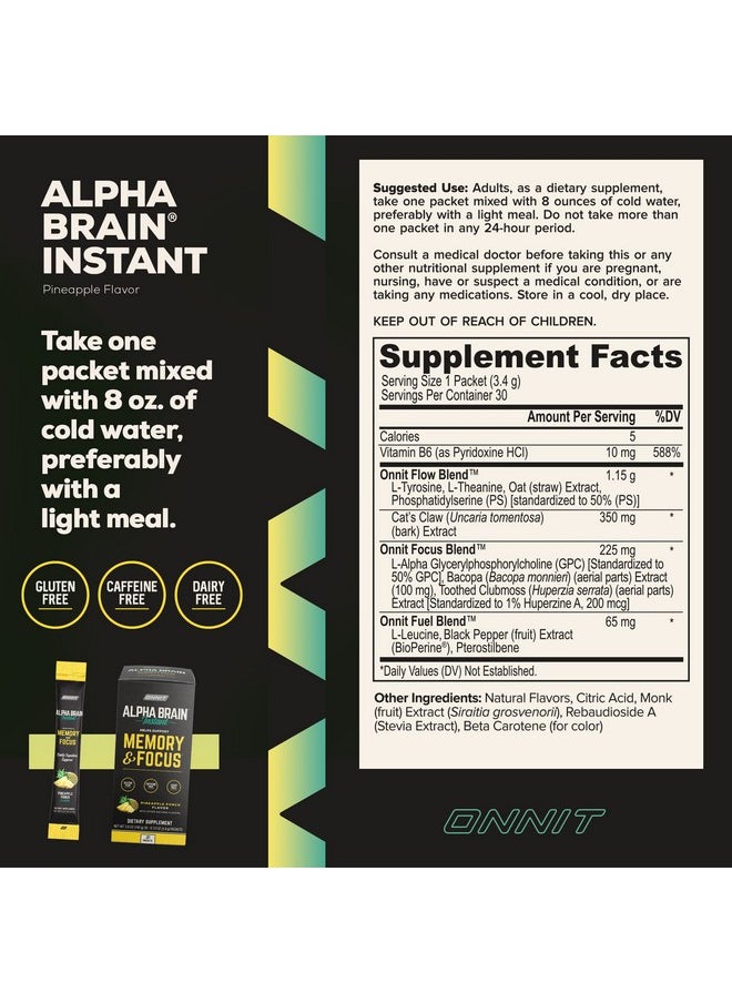 Onnit - Alpha Brain Instant Pineapple Punch Flavor Nootropic Brain Booster Memory Supplement Brain Support For Focus Energy & Clarity Alpha Gpc Choline Cats Claw Ltheanine Bacopa 30Ct - Image 1