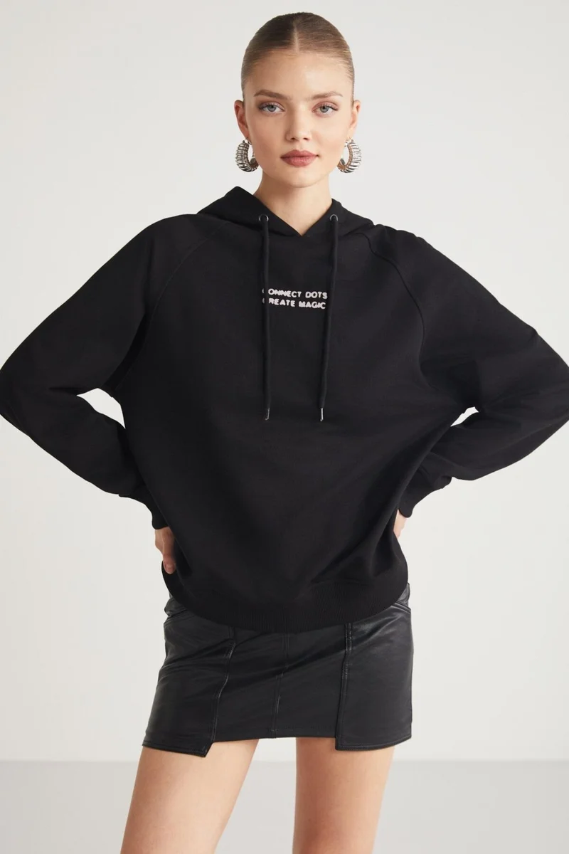 GRIMELANGE Glace Women's Front and Back Print Detailed Hooded Regular Fit Regular Size Black Sweatshirt