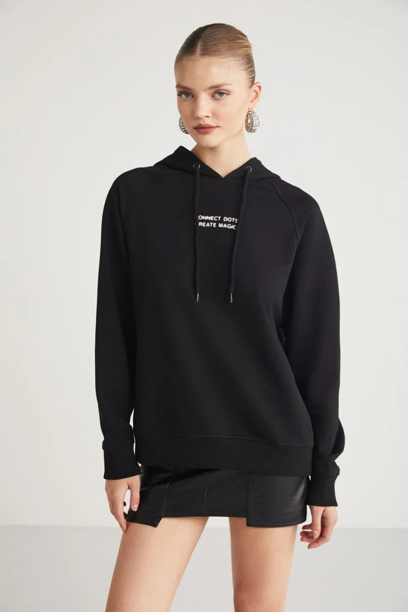 GRIMELANGE Glace Women's Front and Back Print Detailed Hooded Regular Fit Regular Size Black Sweatshirt