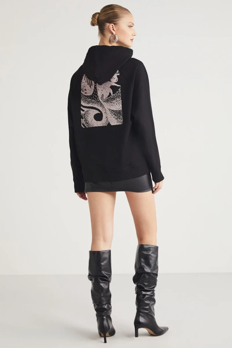 GRIMELANGE Glace Women's Front and Back Print Detailed Hooded Regular Fit Regular Size Black Sweatshirt