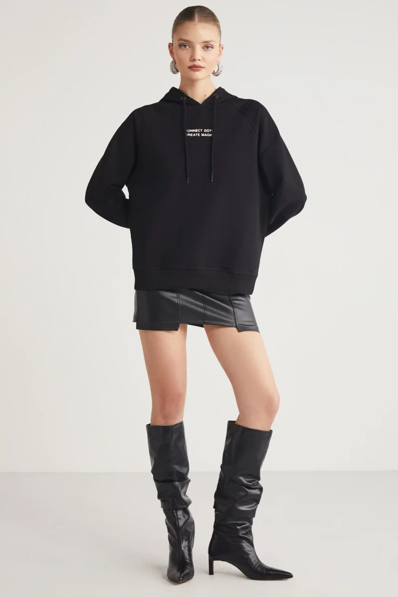 GRIMELANGE Glace Women's Front and Back Print Detailed Hooded Regular Fit Regular Size Black Sweatshirt