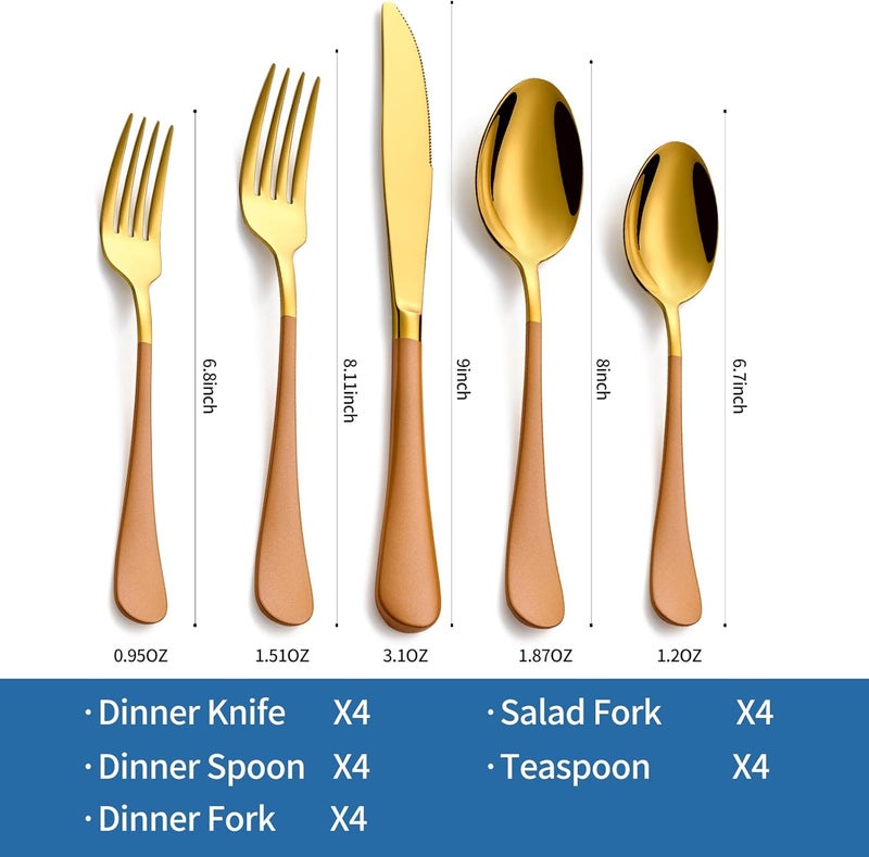 Moxinox 20-Piece Orange & Gold Silverware Set, 18/0 Stainless Steel Colorful Handle Flatware Set,Service for 4,Modern Cutlery Set Includes Dinner Knives Forks Spoons,Mirror Polished,Dishwasher Safe - Image 2