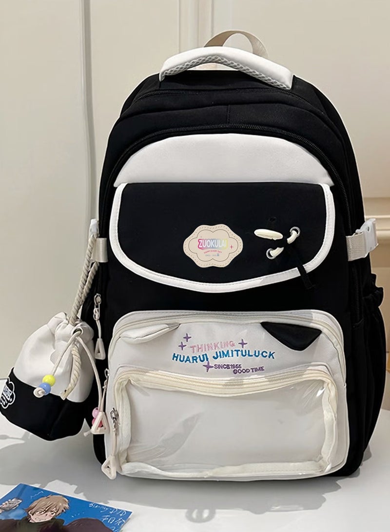 School Bag, Large Capacity Backpack for Boys & Girls – Trendy Color Matching School Bag with Transparent Pocket, Smooth Zippers & Comfortable Handle – Stylish Cartoon Design, Multi-Compartment Student Bookbag for School, Travel, Daily Use – Comes with Bonus Pen Pouch (Black) - Image 1