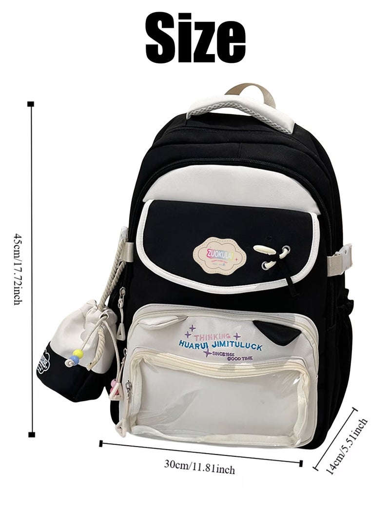 School Bag, Large Capacity Backpack for Boys & Girls – Trendy Color Matching School Bag with Transparent Pocket, Smooth Zippers & Comfortable Handle – Stylish Cartoon Design, Multi-Compartment Student Bookbag for School, Travel, Daily Use – Comes with Bonus Pen Pouch (Black) - Image 2