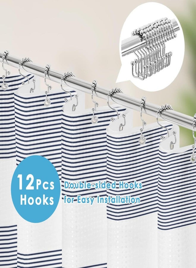 Nesphy Shower Curtain and Liner, Navy Blue Striped 3 in 1 Shower Curtain and PEVA Liner Set with 12 Rust-Resistant Metal Hooks, Waterproof Fabric Shower Curtains for Bathroom, 72 W x 72 H - Image 2